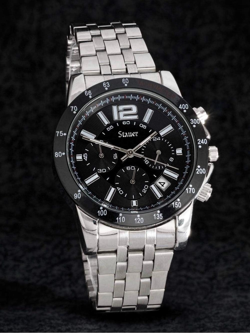 NIB Stauer Men's Silver Stainless Steel Chronograph Watch with Black Dial